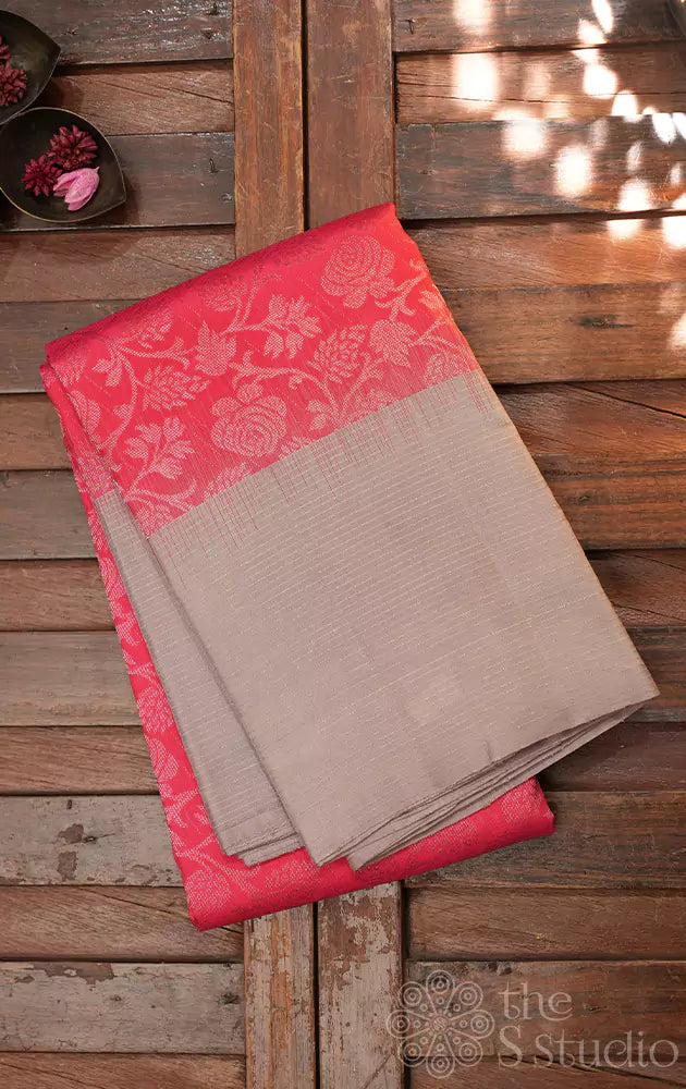 Pinkish peach soft silk saree with light cocoa brown border