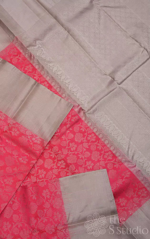 Pinkish peach soft silk saree with light cocoa brown border