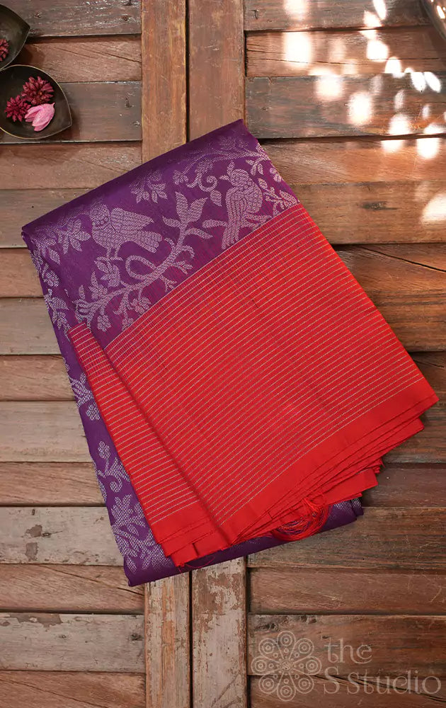 Purple soft silk saree with red border