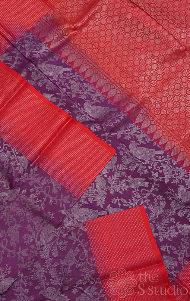 Purple soft silk saree with red border