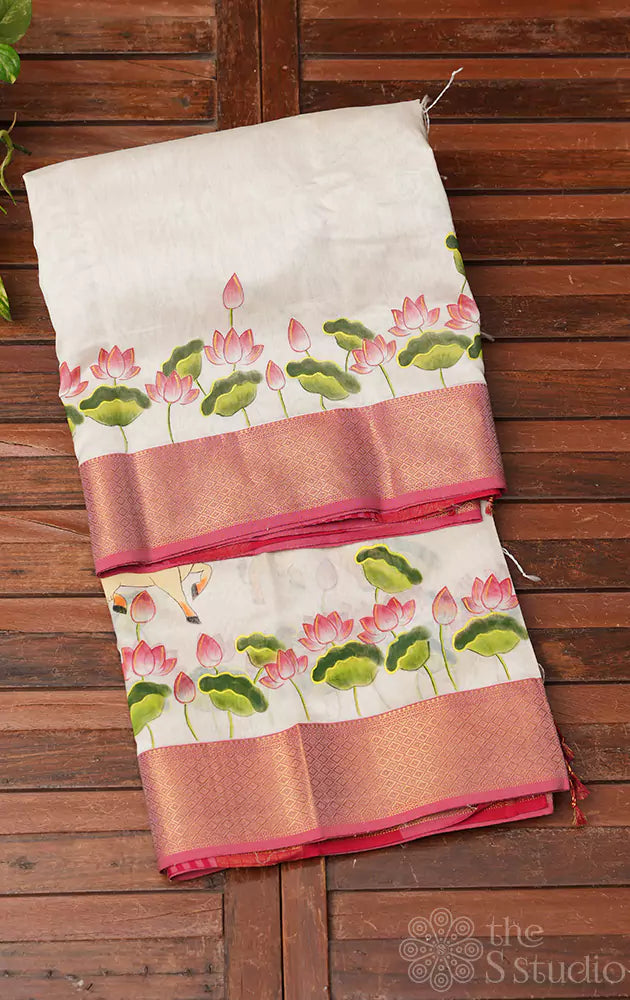 Off white handpainted maheshwari silk cotton saree with red border