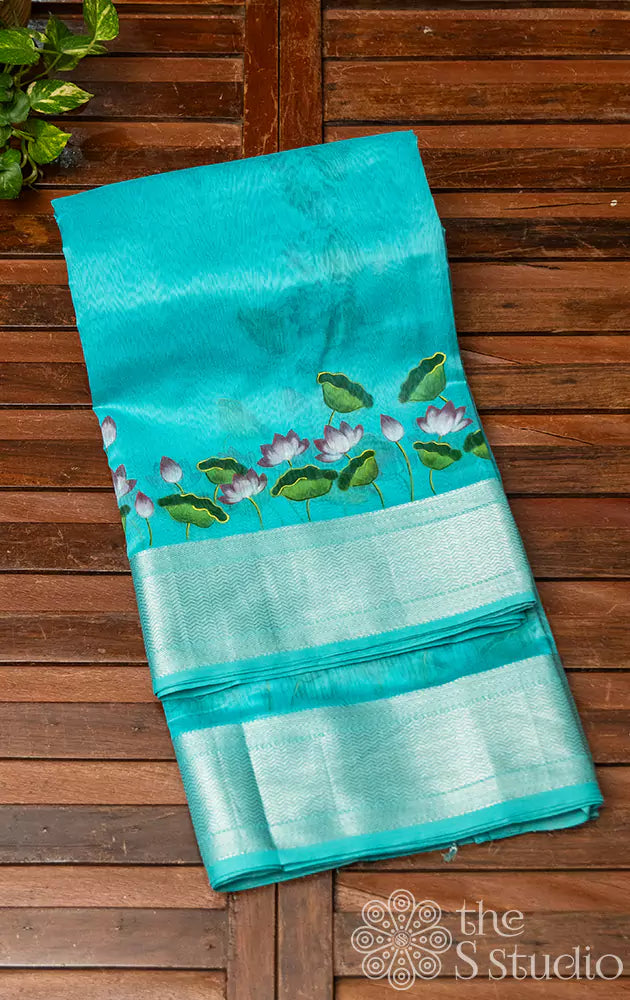 Blue  maheshwari silk cotton saree with handpainted pichwai design