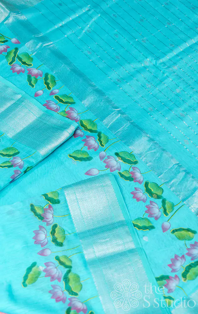 Blue  maheshwari silk cotton saree with handpainted pichwai design