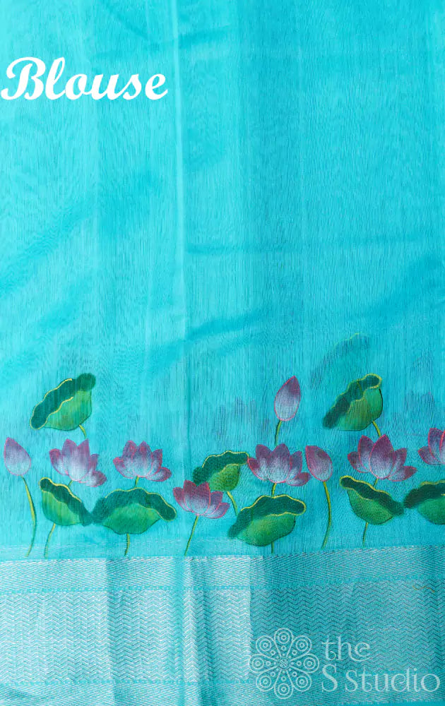 Blue  maheshwari silk cotton saree with handpainted pichwai design