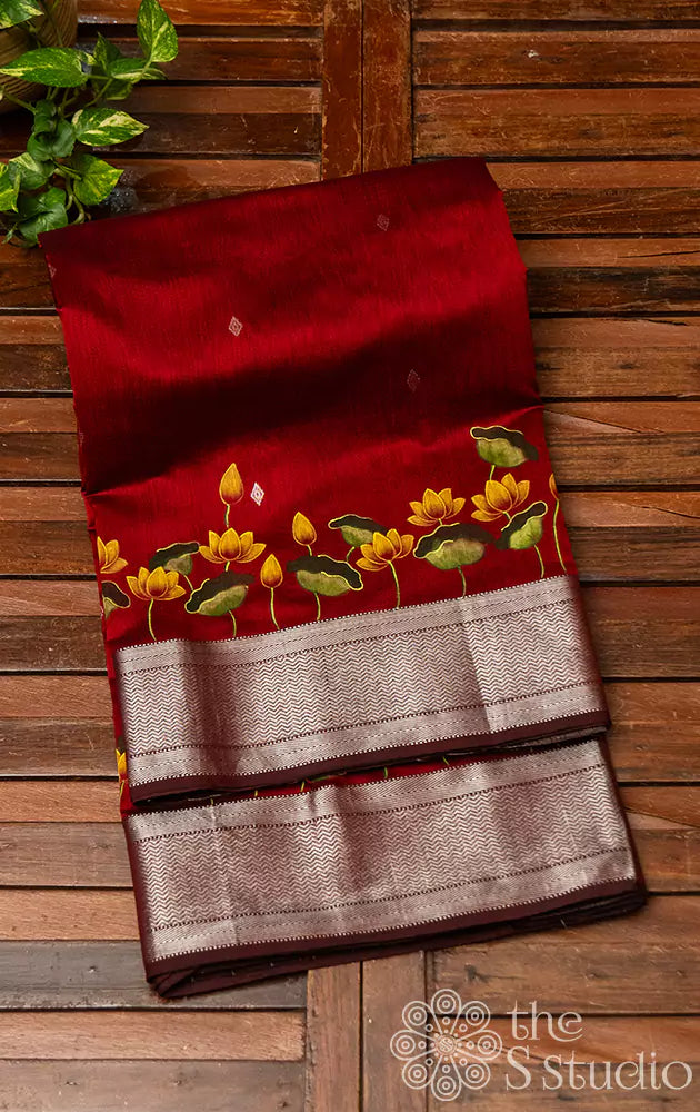 Maroon maheshwari silk cotton saree with handpainted pichwai motifs 