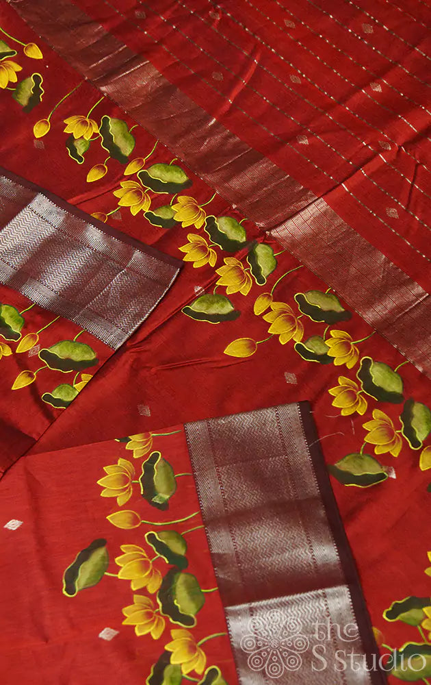 Maroon maheshwari silk cotton saree with handpainted pichwai motifs