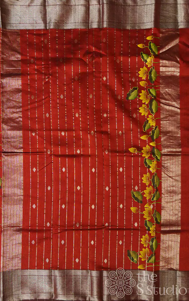 Maroon maheshwari silk cotton saree with handpainted pichwai motifs