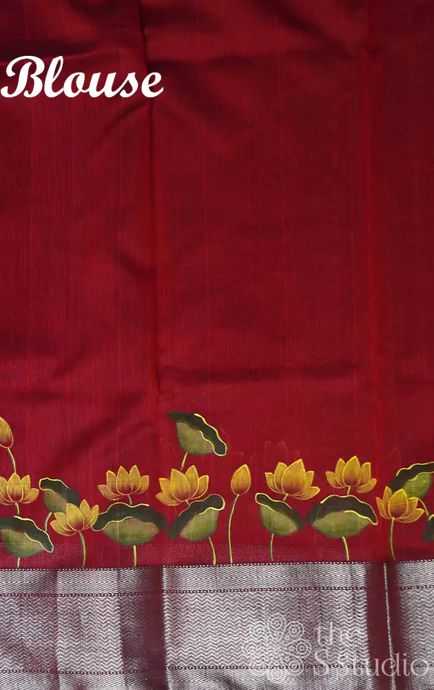 Maroon maheshwari silk cotton saree with handpainted pichwai motifs