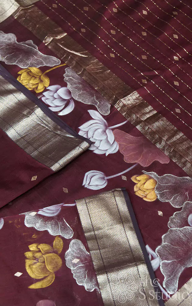 Brown maheshwari silk cotton saree with floral designs