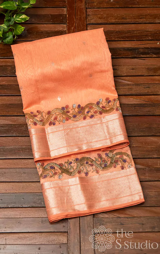 Peach maheshwari silk cotton saree with silver border