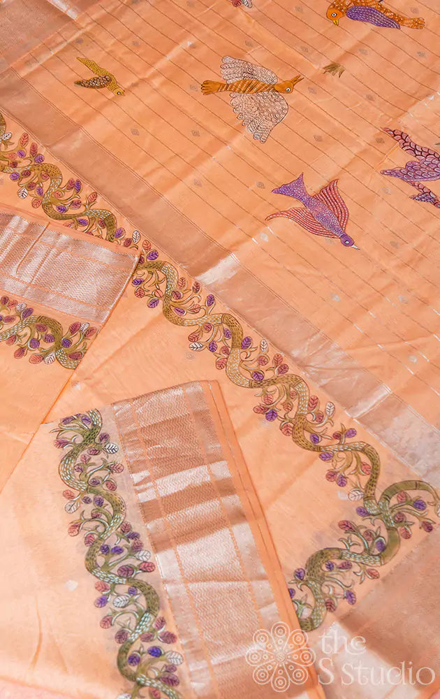 Peach maheshwari silk cotton saree with silver border