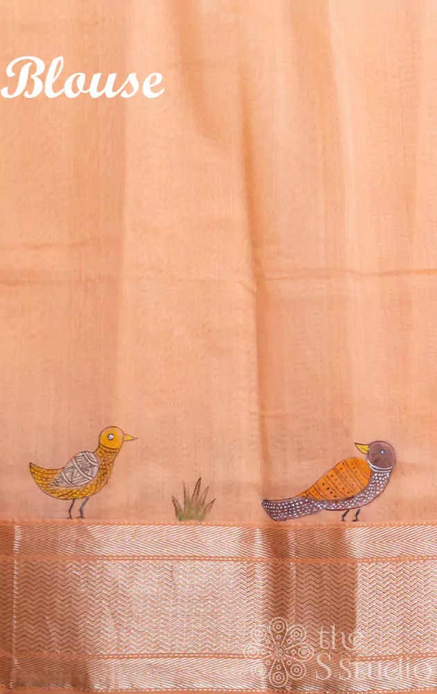 Peach maheshwari silk cotton saree with silver border