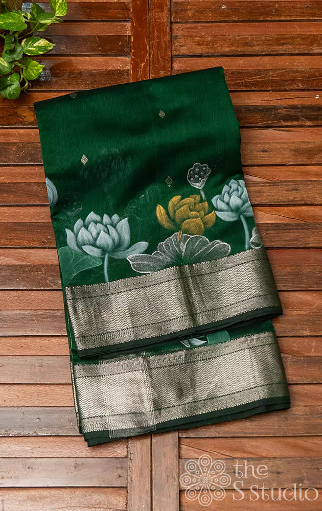 Green maheshwari silk cotton saree with lotus motifs