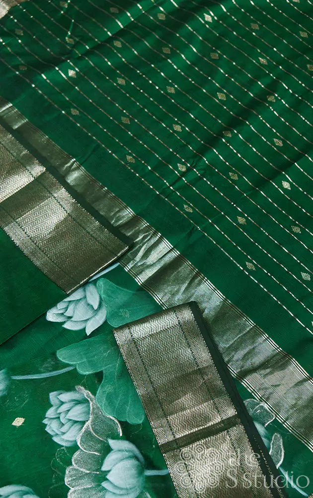 Green maheshwari silk cotton saree with lotus motifs