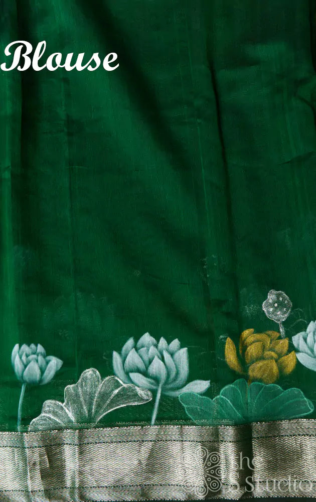 Green maheshwari silk cotton saree with lotus motifs