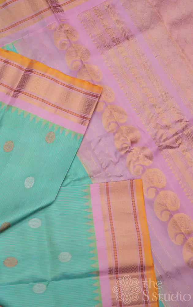 Sea green gadwal silk saree with light pink border