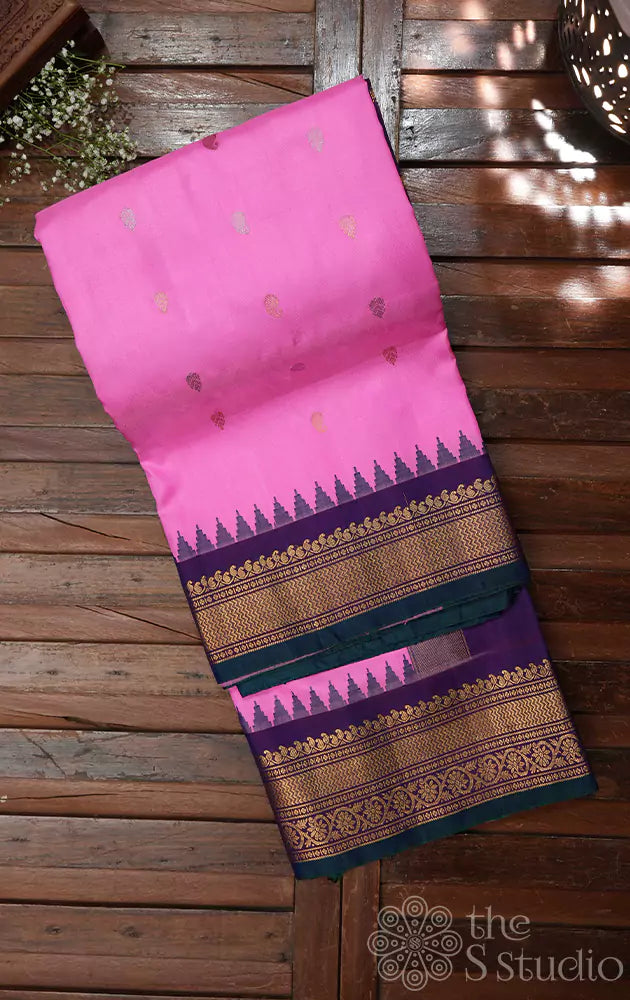 Lotus pink gadwal silk saree with violet border