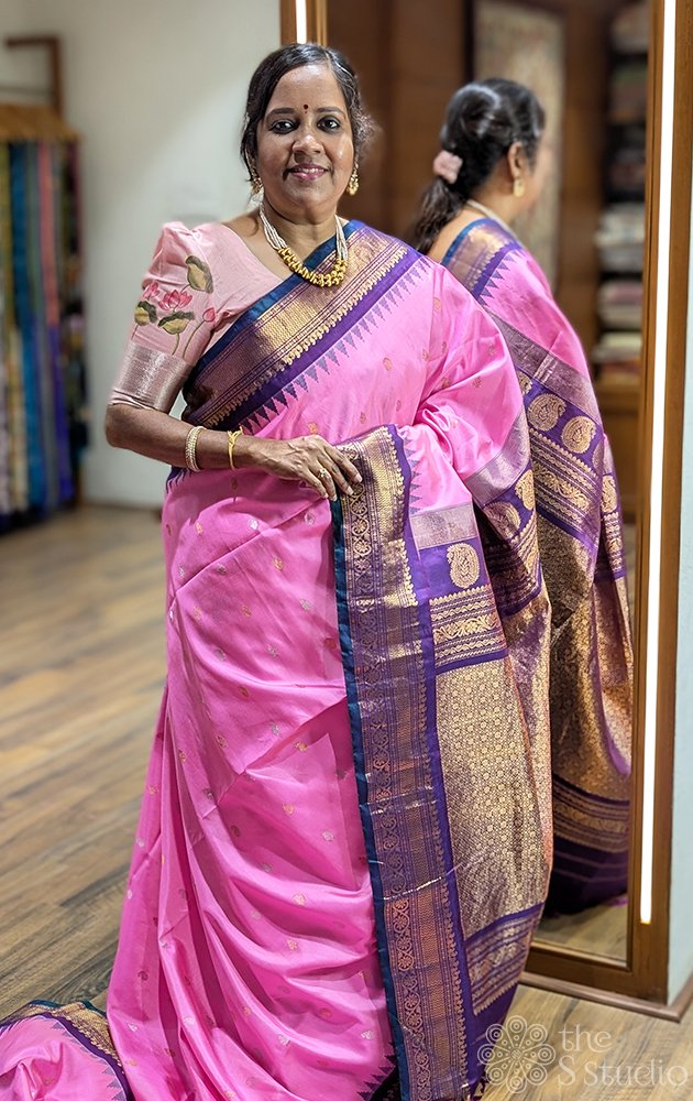 Lotus pink gadwal silk saree with purple border