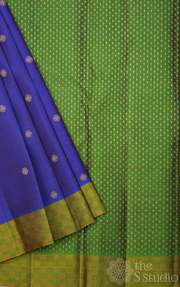 Royal blue kanchi silk saree with green border