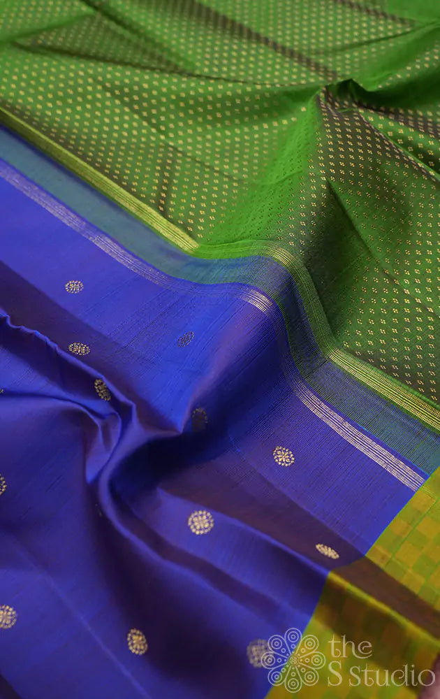 Royal blue kanchi silk saree with green border