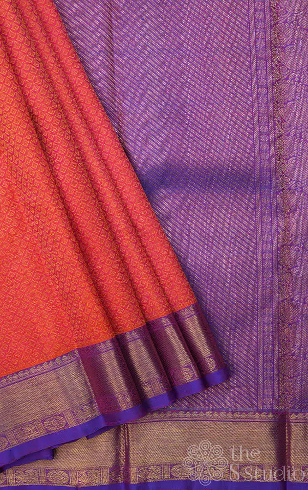 Orange threadwork kanchi silk saree with purple border