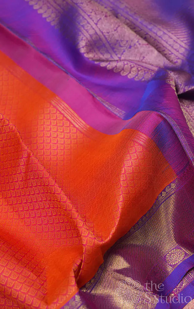 Orange threadwork kanchi silk saree with purple border