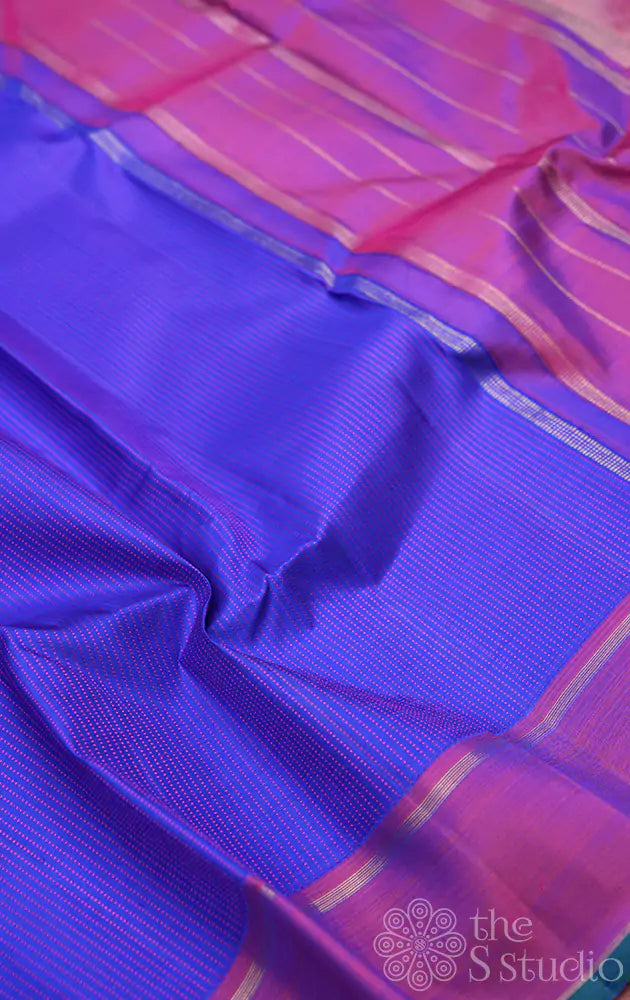 Blue kanchi silk saree with vertical thread lines and contrast pallu