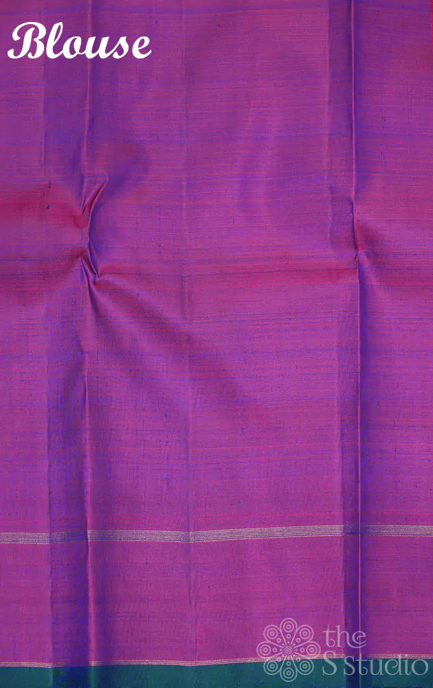 Blue kanchi silk saree with vertical thread lines and contrast pallu