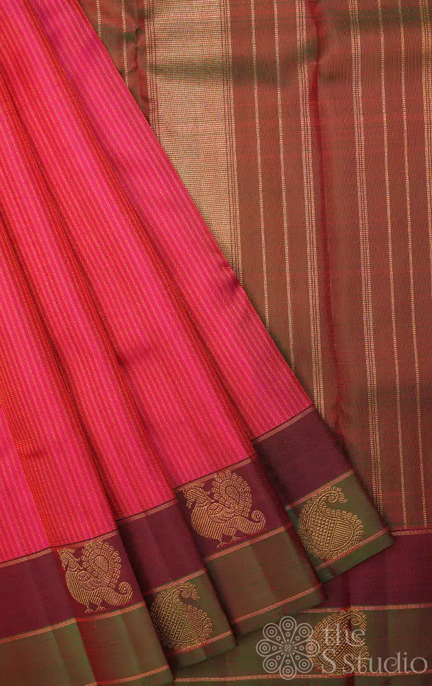 Pinkish red kanchi silk saree with double border