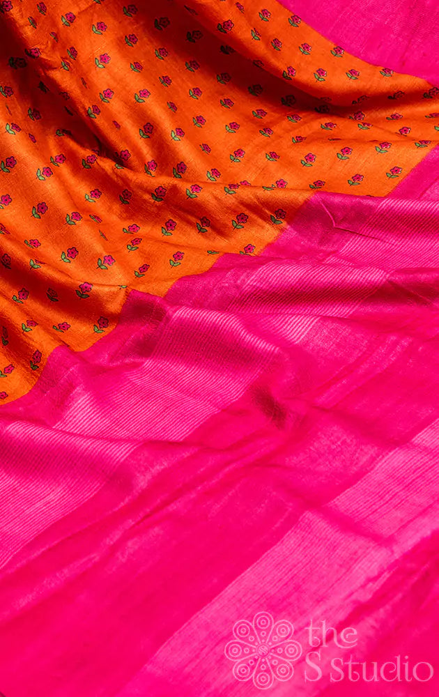 Orange tussar silk saree with contrast pink border