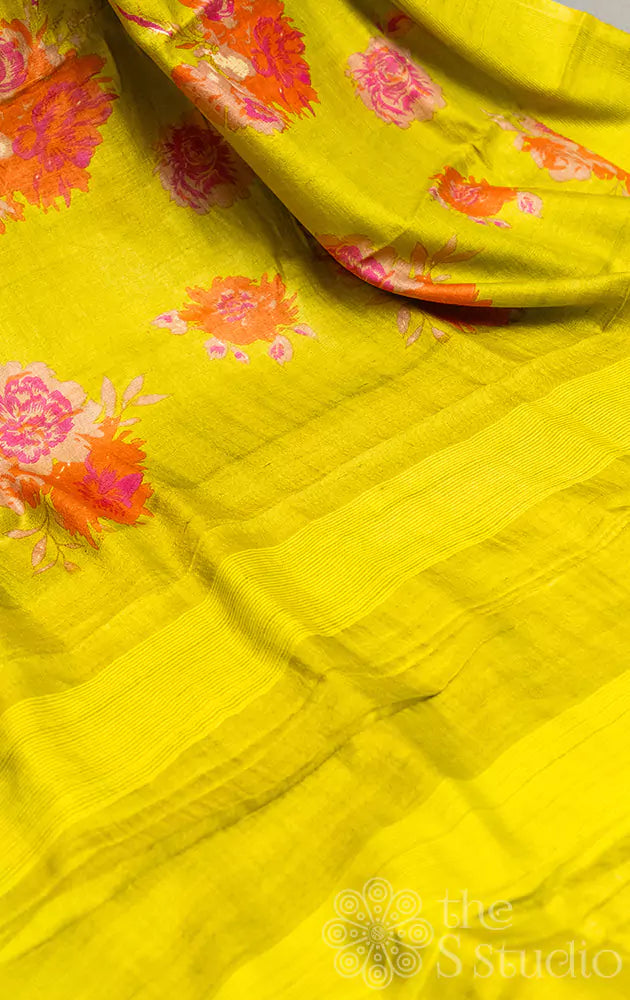 Lime green tussar silk saree with floral prints