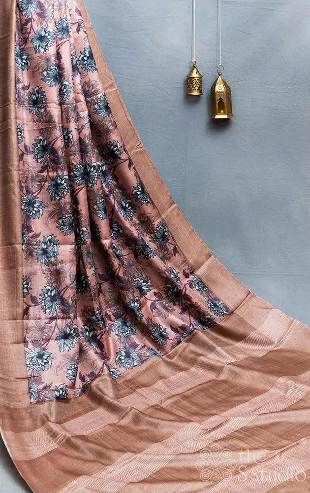 Cocoa brown tussar silk saree with grey floral prints