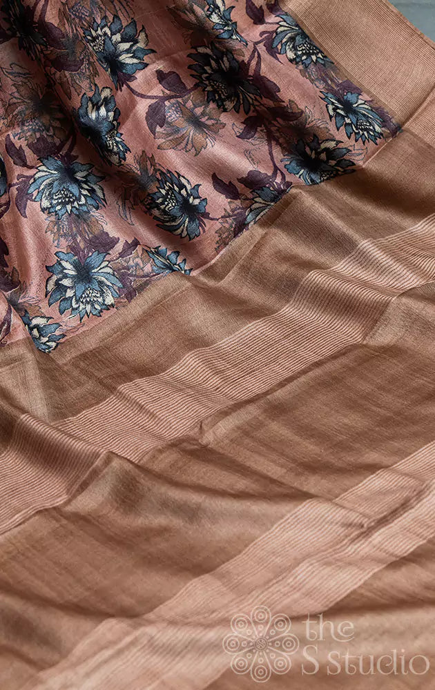 Cocoa brown tussar silk saree with grey floral prints