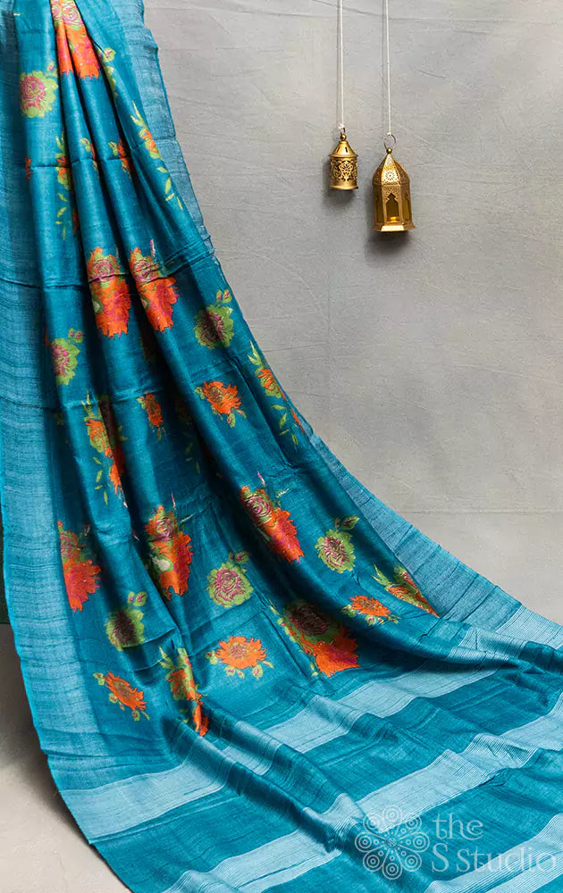 Ocean blue tussar silk saree with multi colour floral prints