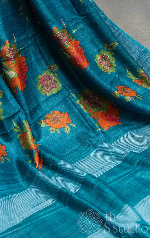 Ocean blue tussar silk saree with multi colour floral prints