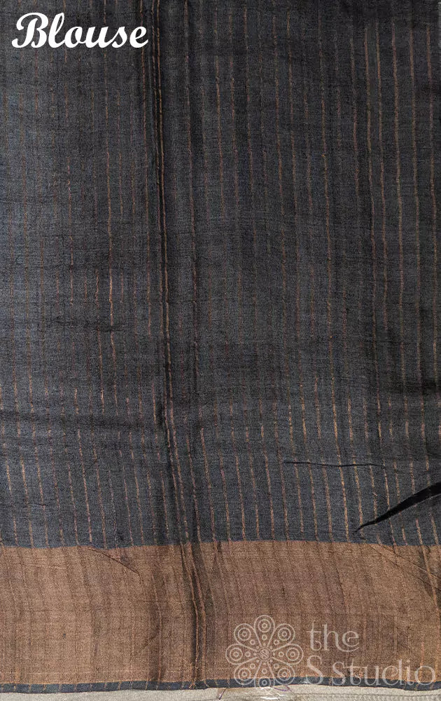 Beige tussar silk saree with black floral prints and hand embroidery