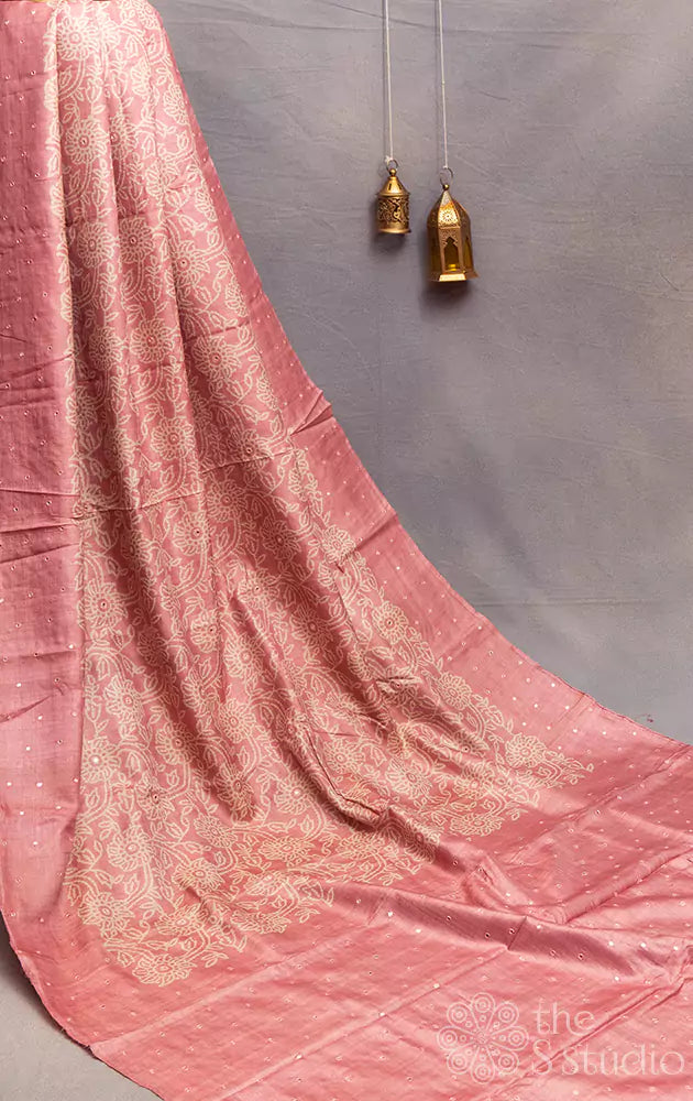 Pink tussar silk saree with mirror hand embroidery