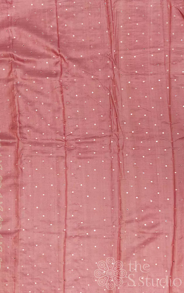 Pink tussar silk saree with mirror hand embroidery