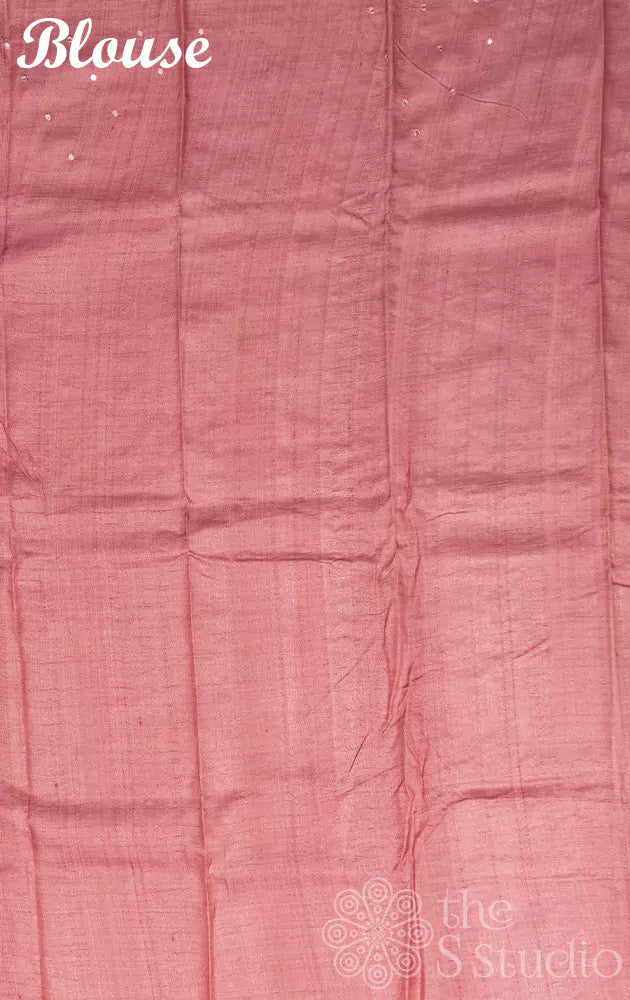 Pink tussar silk saree with mirror hand embroidery