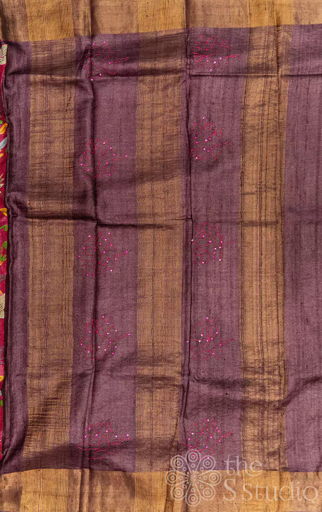 Magenta tussar silk saree with kantha hand embroidery