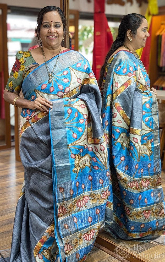 Grey tussar silk saree with hand-painted Pichwai designs