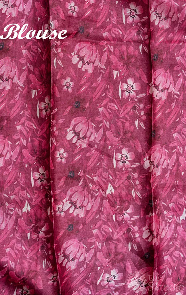 Light grey tussar silk saree with floral prints and dark pink selvedge