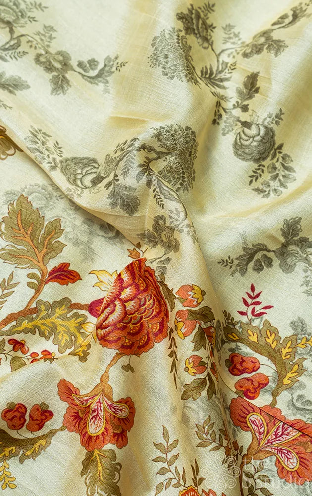 Light yellow tussar silk saree with floral prints