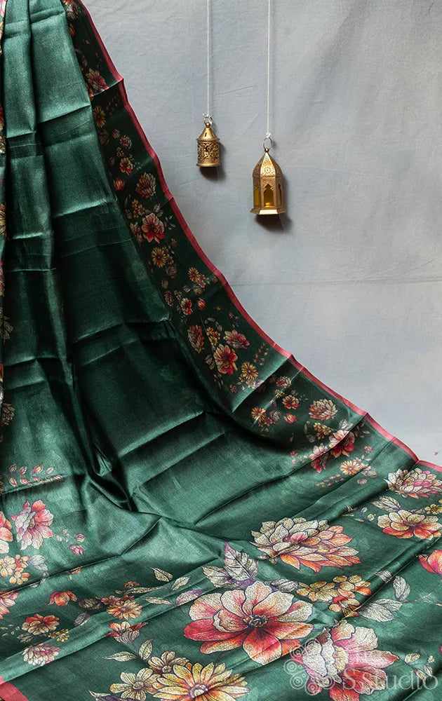 Green tussar silk saree with floral prints