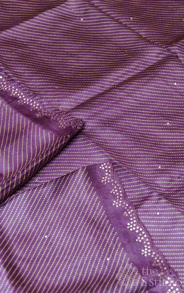 Dark lavender tussar silk saree with mirror hand embroidery