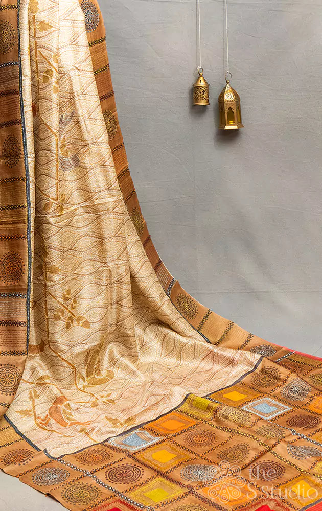 Beige tussar silk saree with kantha hand embroidery