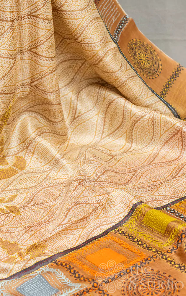 Beige tussar silk saree with kantha hand embroidery