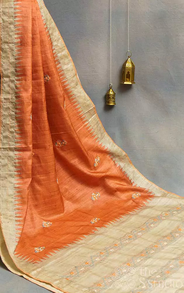 Orange semi tussar saree with kantha embroidery