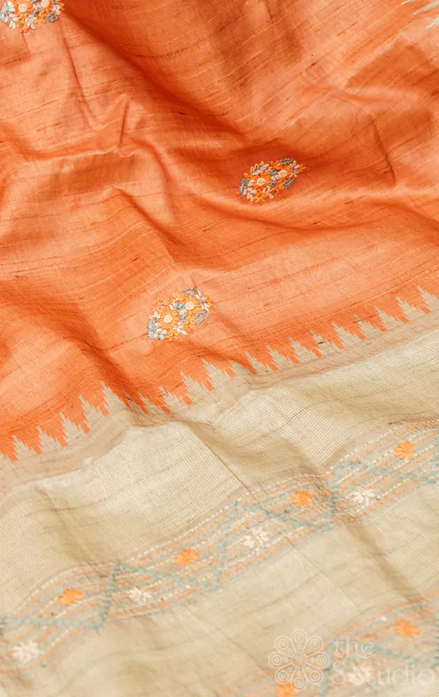 Orange semi tussar saree with kantha embroidery