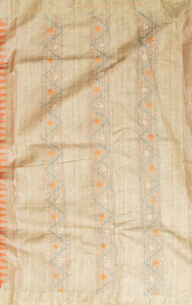 Orange semi tussar saree with kantha embroidery